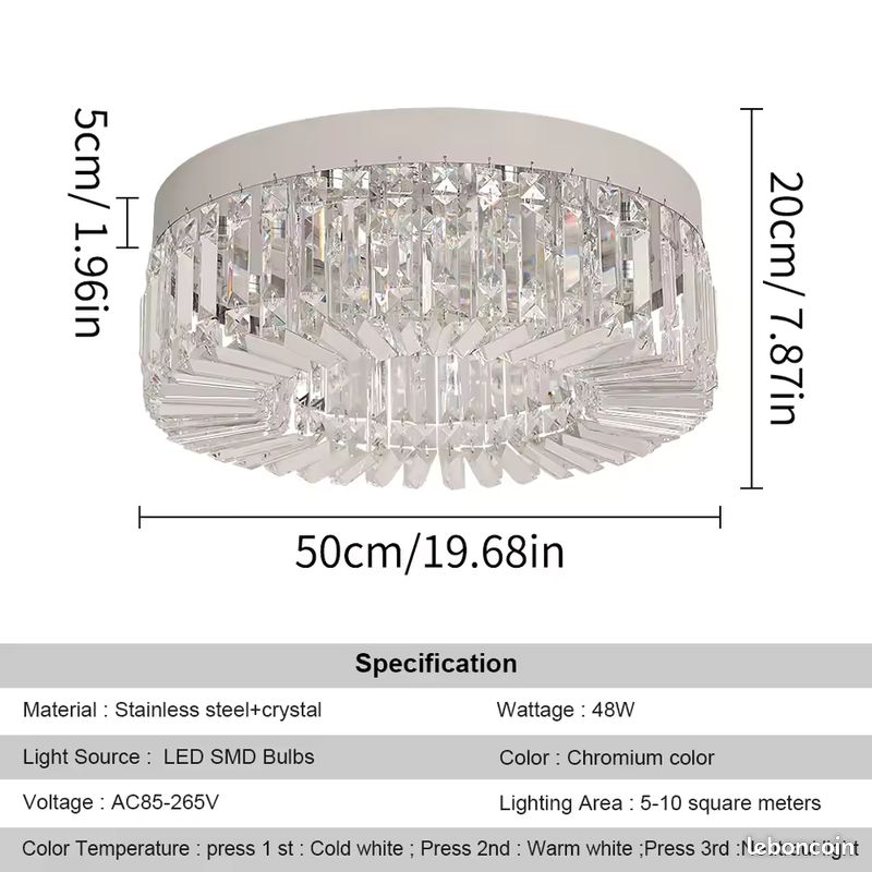 Plafonnier cristal or luxe 50cm moderne LED salon (image 3)