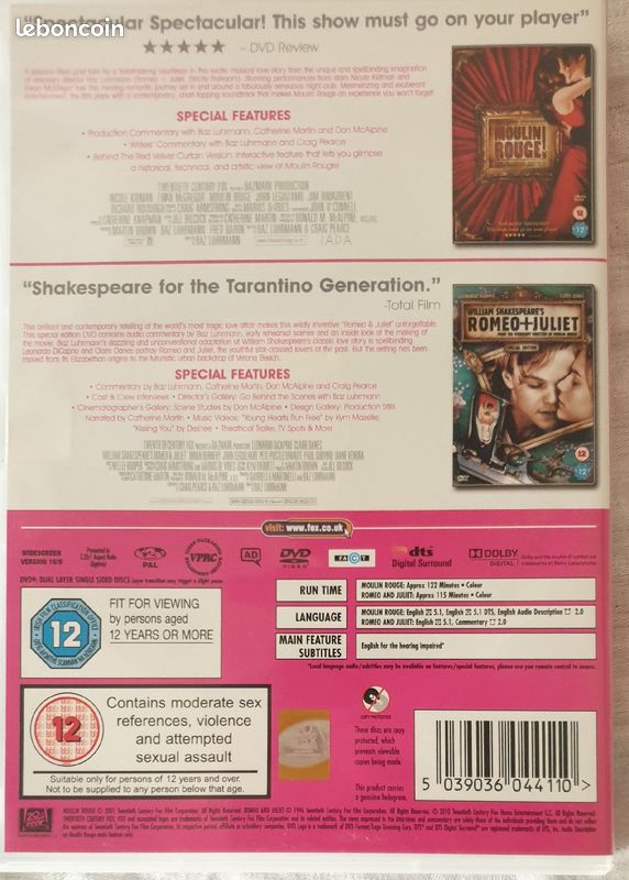 2 films: Romeo + Juliette (Leonardo Dicaprio Claire Danes) Moulin Rouge (Nicole Kidman Ewan McGregor) VO DVD film langue anglaise english (image 3)