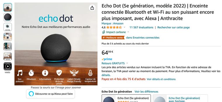 Echo Dot avec horloge (5e génération, modèle 2022), Enceinte connectée  Bluetooth et Wi-Fi au son puissant encore plus imposant, avec horloge et  Alexa