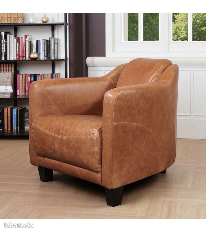 Fauteuil club cuir pleine fleur marron camel vintage – Adam (image 1)