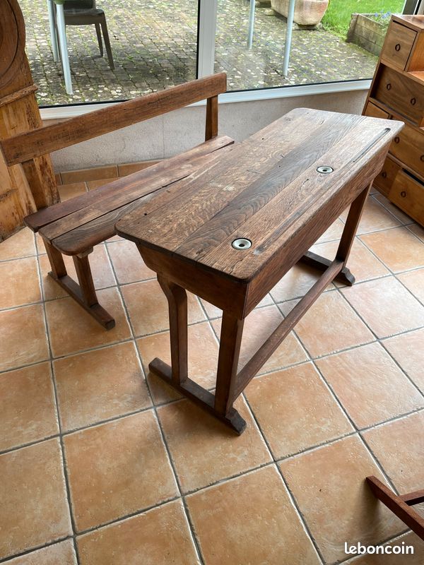 Banc et table d écolier avec ses encriers (image 1)