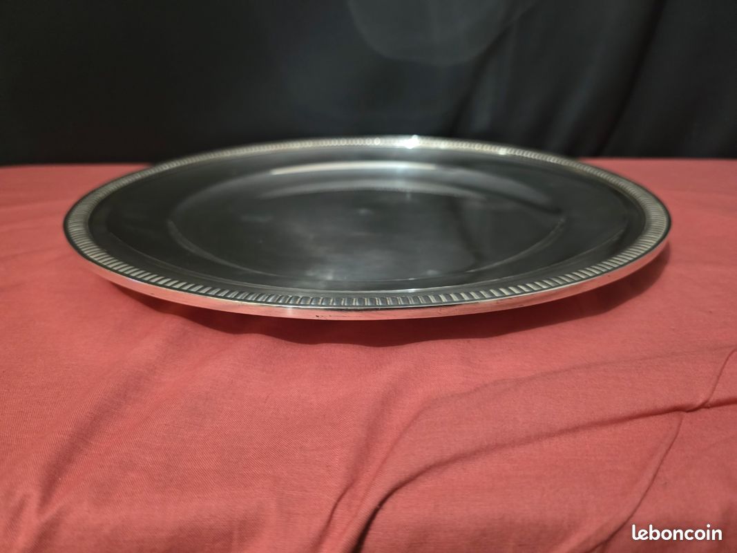 Ancien Plat Rond En Métal Argenté Orfèvre FF - 34,6 Cm - Fabrication Française