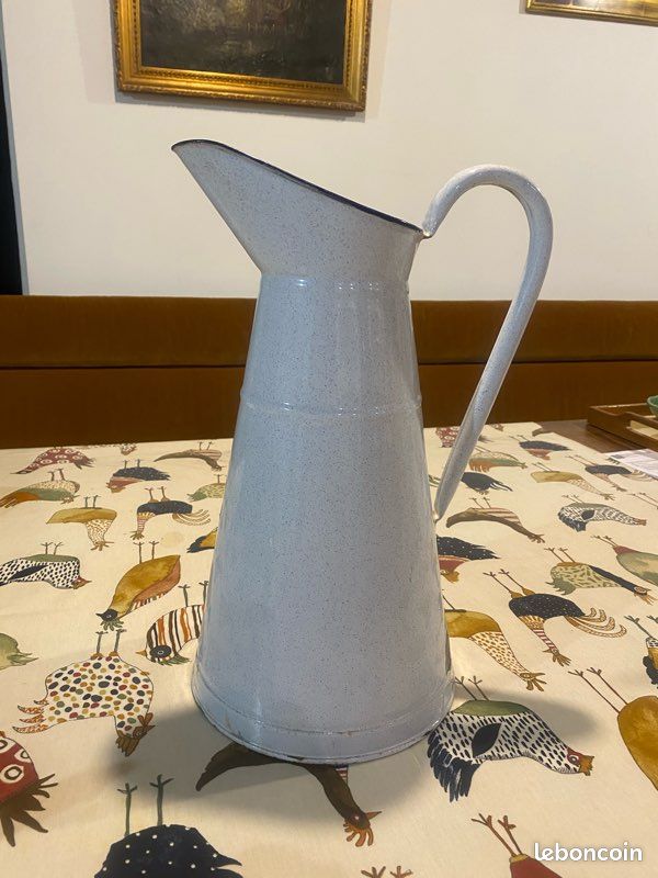 Broc Émaillé Ancien - Bleu Moucheté Blanc - Vintage Déco Campagne - Émaillé