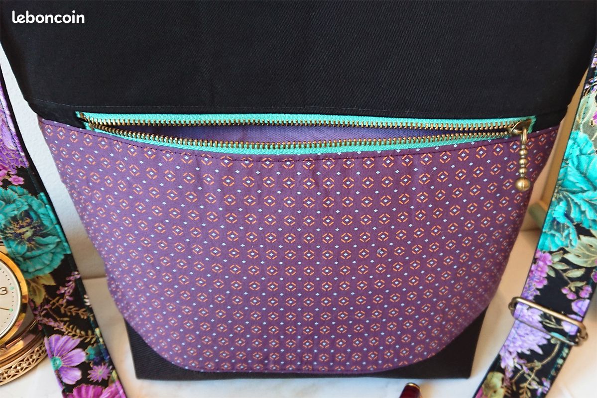 Sac à main tissu coton floral japonais, rose, turquoise, noir, triple ouverture, sangle ajustable (image 8)