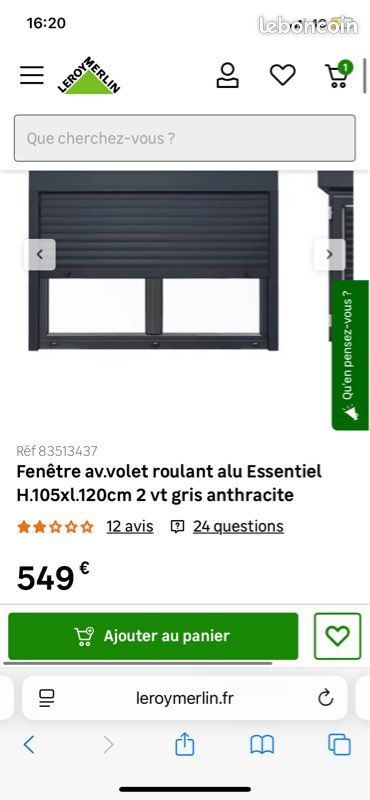 Fenêtre alu gris anthracite 105x120 + volet roulant (image 1)