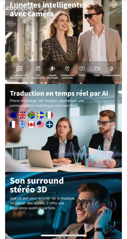 Lunettes intelligentes Ai Bluetooth qui traduisent 50+ langues, lunettes audio photochromiques pour appels et écoute de musique - Chine Smart lunettes et Smart lunettes Reali augmentée prix