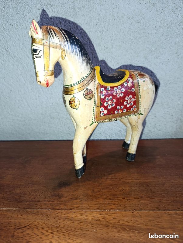 Ancien rare jouet à tirer peint cheval de bois miniature sur roues années 30-40