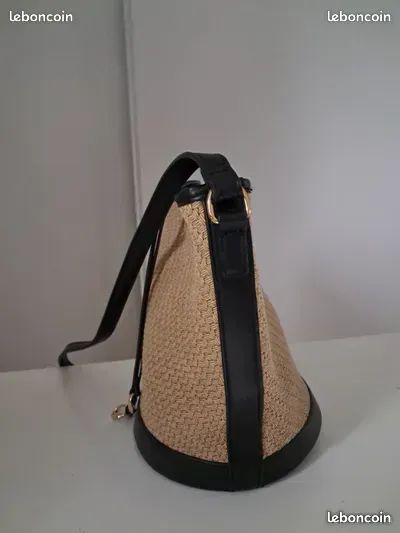 Sac à main noir et beige tressé avec bandoulière, fond rond NEUF 10 (image 4)