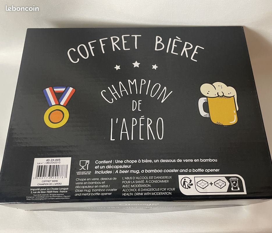 Coffret bière Champion de l'apéro Le Fabuleux Shaman Brune rousse blonde Peu m'importe Chope Dessous de verre Décapsuleur Transparent beige et gris Verre bois et métal NEUF Idée cadeau (image 5)