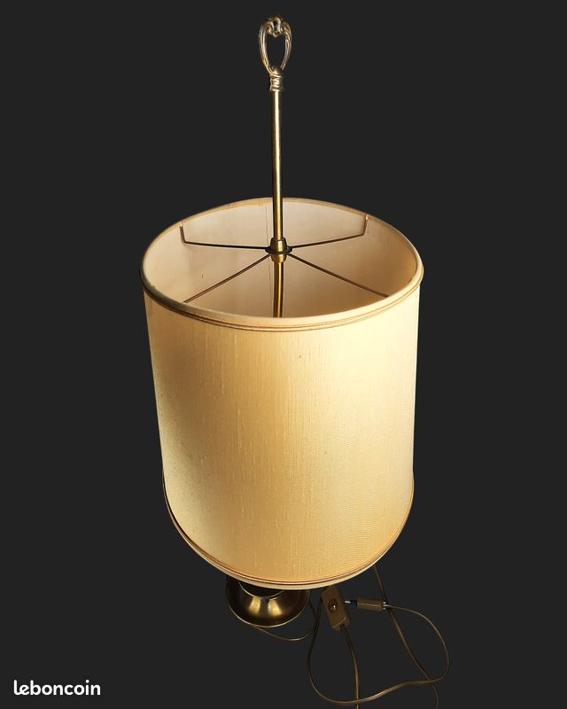 Ancienne et très belle lampe bouillotte Vintage Vacman France laiton & bois tourné 76 cm (image 4)