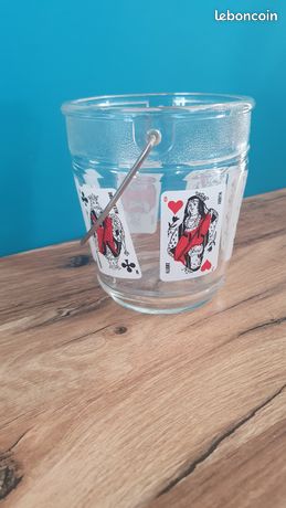 Seau à Glaçons Vintage En Verre – Motif Cartes à Jouer (Roi, As, Dame, Pique, Cœur)