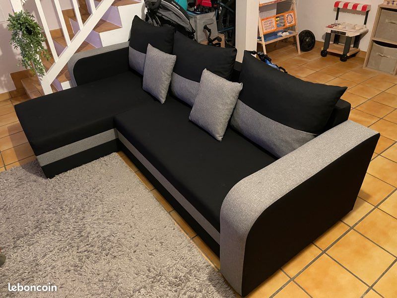 Canapé d’angle Convertible (Noir et Gris) avec coussin (image 2)