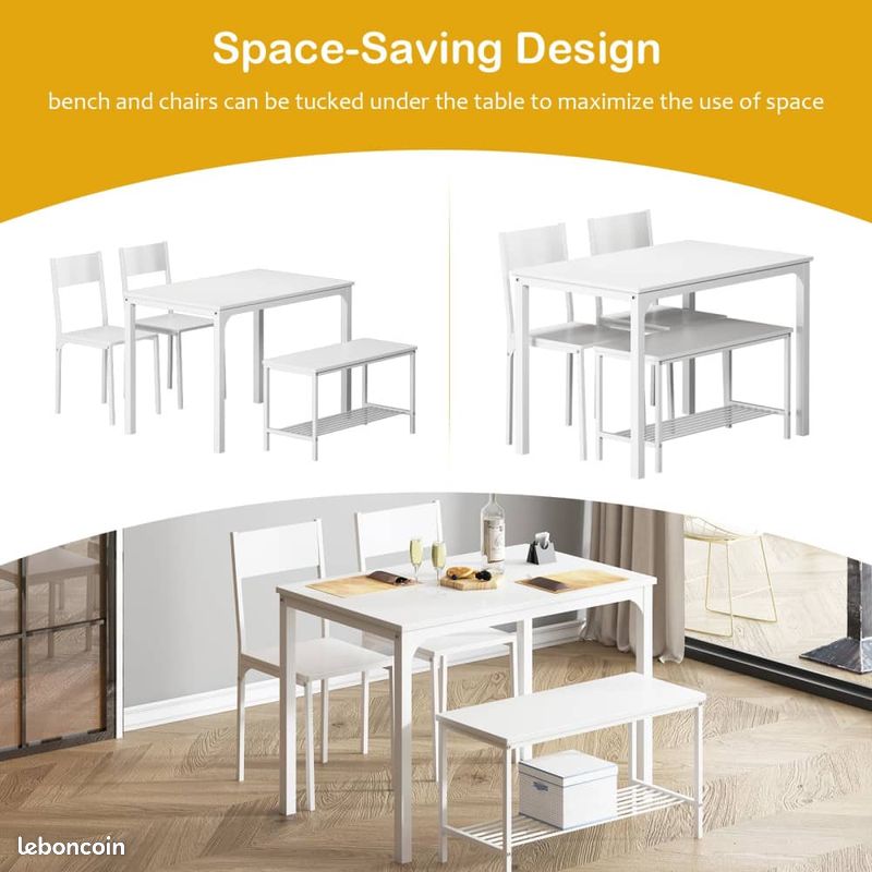 Ensemble Table Et Banc Ensemble Table + 2 Bancs Pour 4 Personnes - Design Moderne - Panneau Mélaminé Blanc/gris - Dimensions Table 110x70x73 Cm