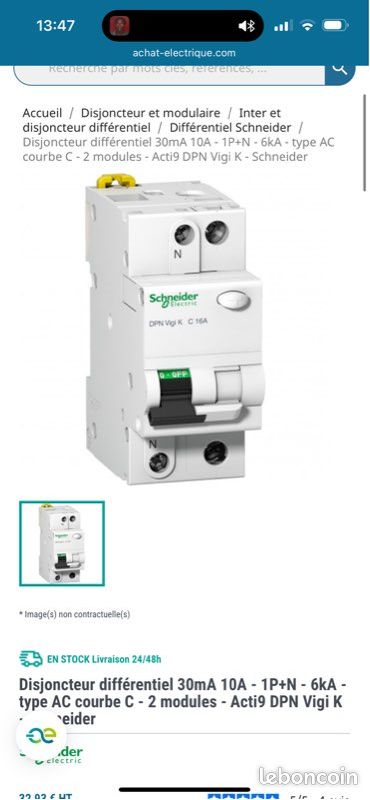 Diferencial Superinmunizado Schneider Disjoncteur Différentiel 30mA 6A - Type AC - 6kA - Courbe C - 1P+N - 1 Module - IMO - Lusion Diferencial Tipo F