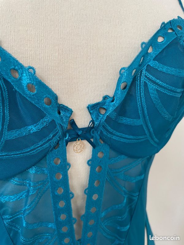 Ensemble lingerie body Valisère avec porte-jarretelles bleu canard 90B neuf (image 3)