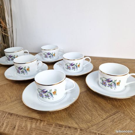 Service à Café Vintage 4 Tasses Porcelaine Oiseaux - Avec Soucoupes - État Correct