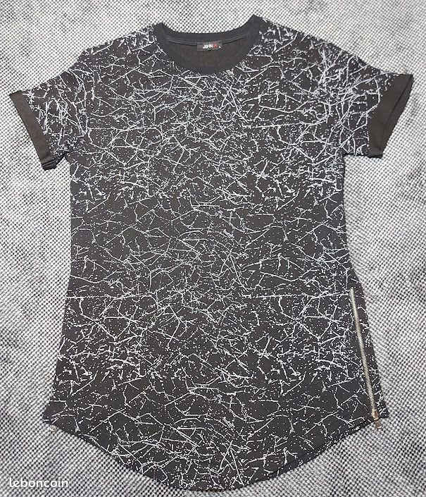 John H Tee Shirt Homme Fantaisie Col Rond Noir & Gris Bas Arrondi Coupe Over size Taille L (image 1)