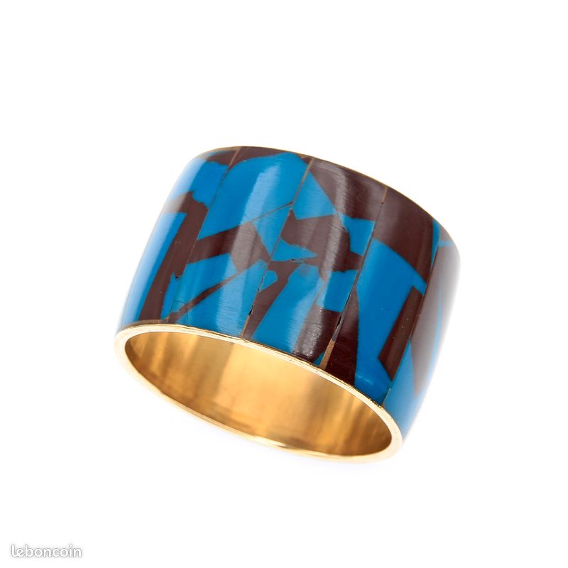 Large bracelet manchette vintage années 70 en laiton et résine bleue et marron, motif abstrait graphique, bijou design statement (image 2)