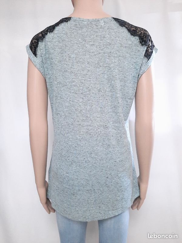 Taille Camaïeu haut tee-shirt femme bleu ciel dentelle noir
