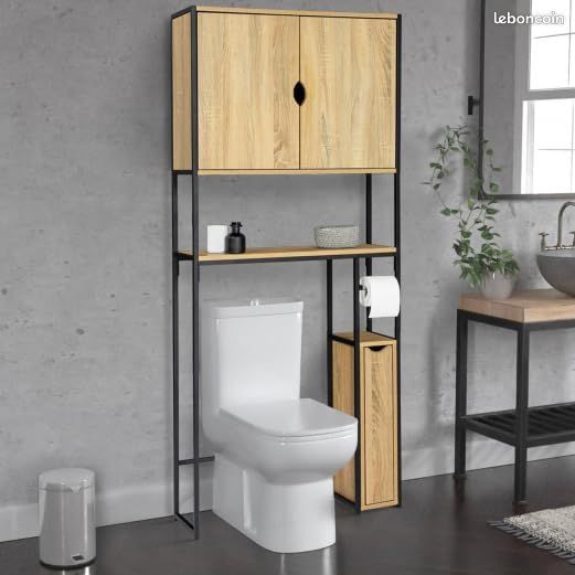 Meuble WC 3 en 1 avec armoires de rangement design industriel (image 4)