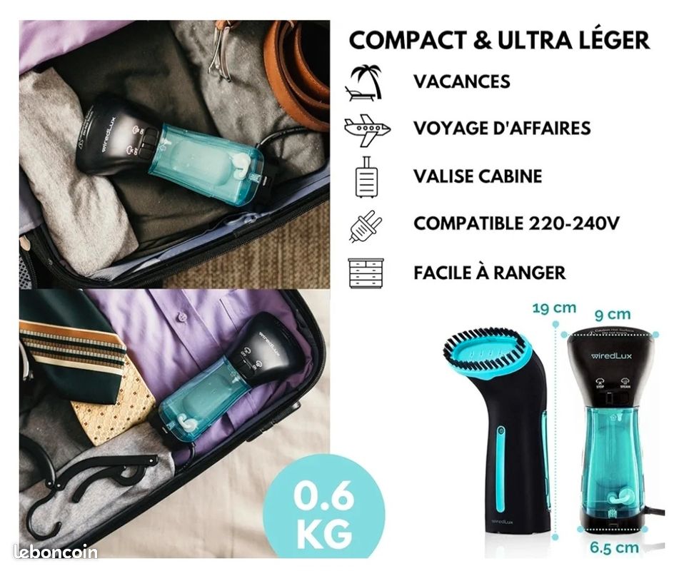 Défroisseur Vapeur WiredLux - Portable, Léger, Prêt En 25s - Idéal Voyage Et Maison - 900W, 100ml - Accessoires Inclus