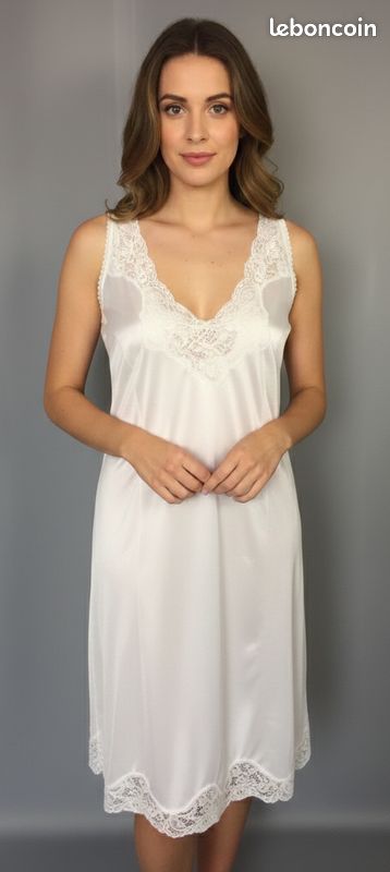 Combinaison Vintage Dentelle Blanche Taille 48 – Fond De Robe Rétro En Polyamide Dentelle – Neuf Avec Imperfections