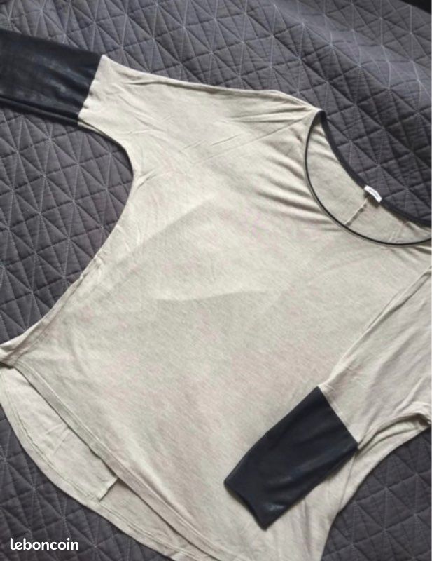 T shirt manche 3/4 beige et effet cuir taille s (image 1)