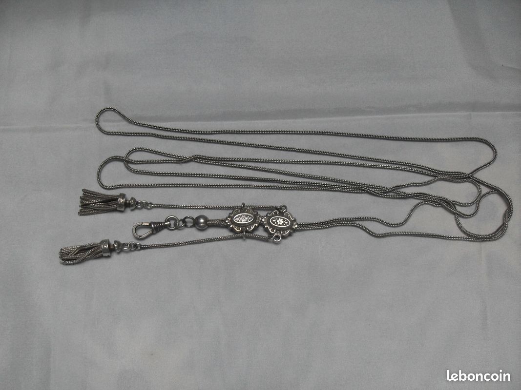 Chaine Sautoir Pour Montre Gousset Ancienne En Argent Massif - Longueur 140 Cm, Occasion