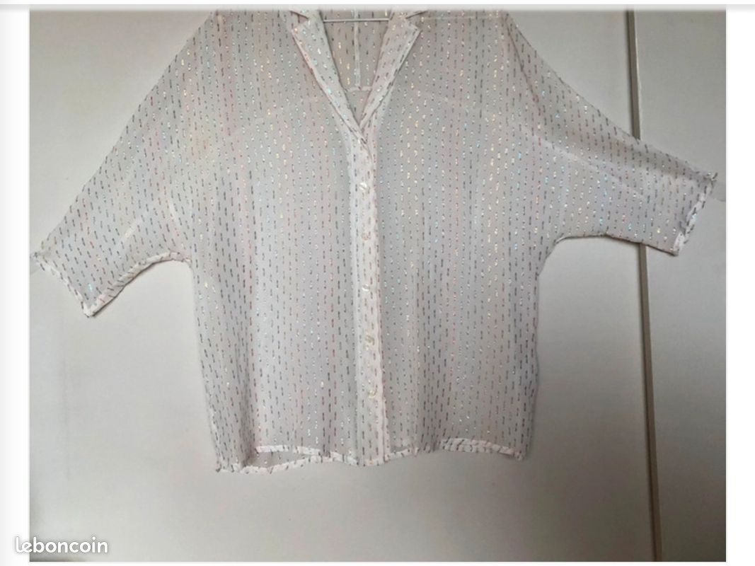 Ikks chemisier soie creme fils coloré brillant strass oversize