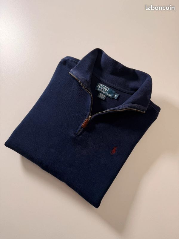 Pull Ralph Lauren half zip 1/4 zip col camionneur | bleu marine logo brodé rouge | taille M (image 1)