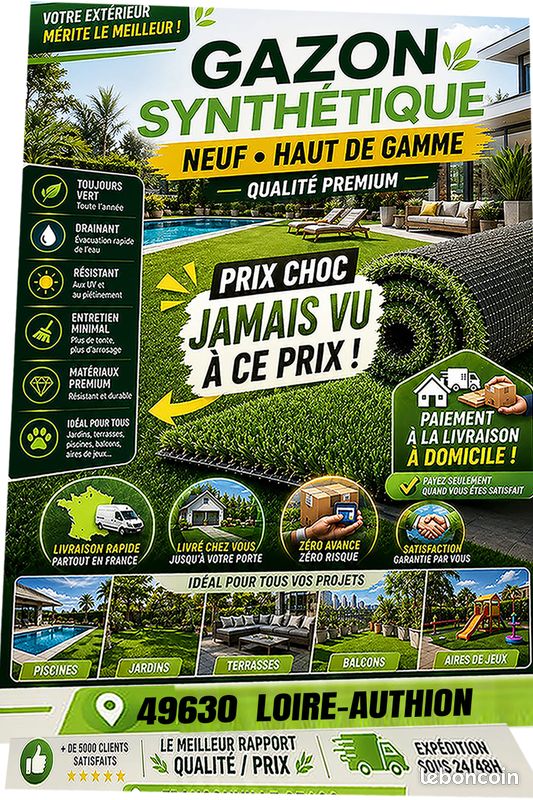 Destockage Gazon synthétique neuf Haut de gamme Loire-Authion 🌿 (image 1)