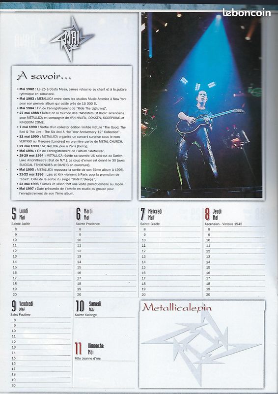 DEMI CALENDRIER METALLICA 2eme PARTIE FEVRIER 1997 a JUIN1997 (image 2)