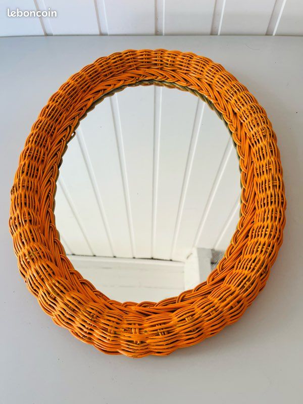 Miroir Ovale en Osier Tressé Orange Vintage Années 70 (image 6)