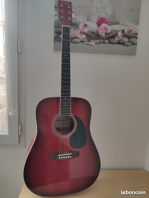 Guitare folk Sherwood rouge laqué + housse Tobago + capodastre pince guitare + mediator (image 1)