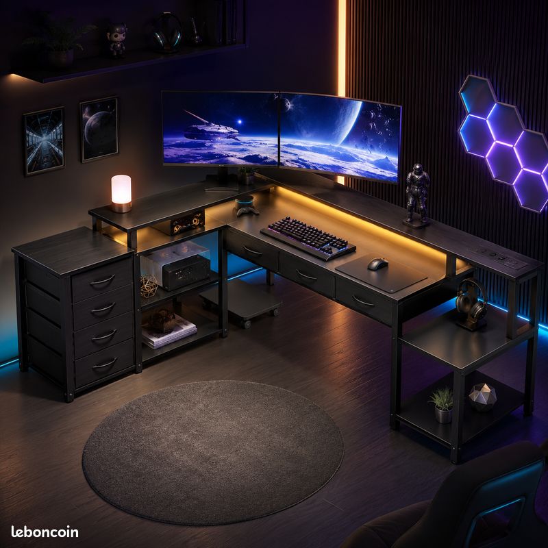 Bureau gamer 200cm L réversible LED prises USB setup gaming complet (image 1)