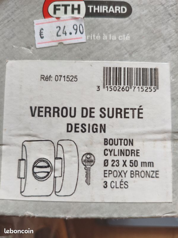 Verrou de sûreté design bouton cylindre 23 x 50 mm époxy bronze 3 clés (image 3)