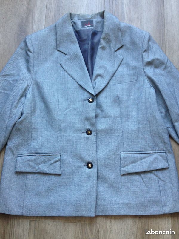 Veste de costume / Blazer vintage femme Marcelle Griffon – Laine peignée – Gris chiné (Taille 50 / Grande Taille) (image 1)