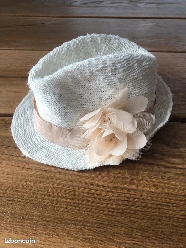 VERTBAUDET Chapeau De Plage En Paille De Papier Fille - Capeline Fleurie Avec Ruban Imprimé - Bois 12/14 Ans