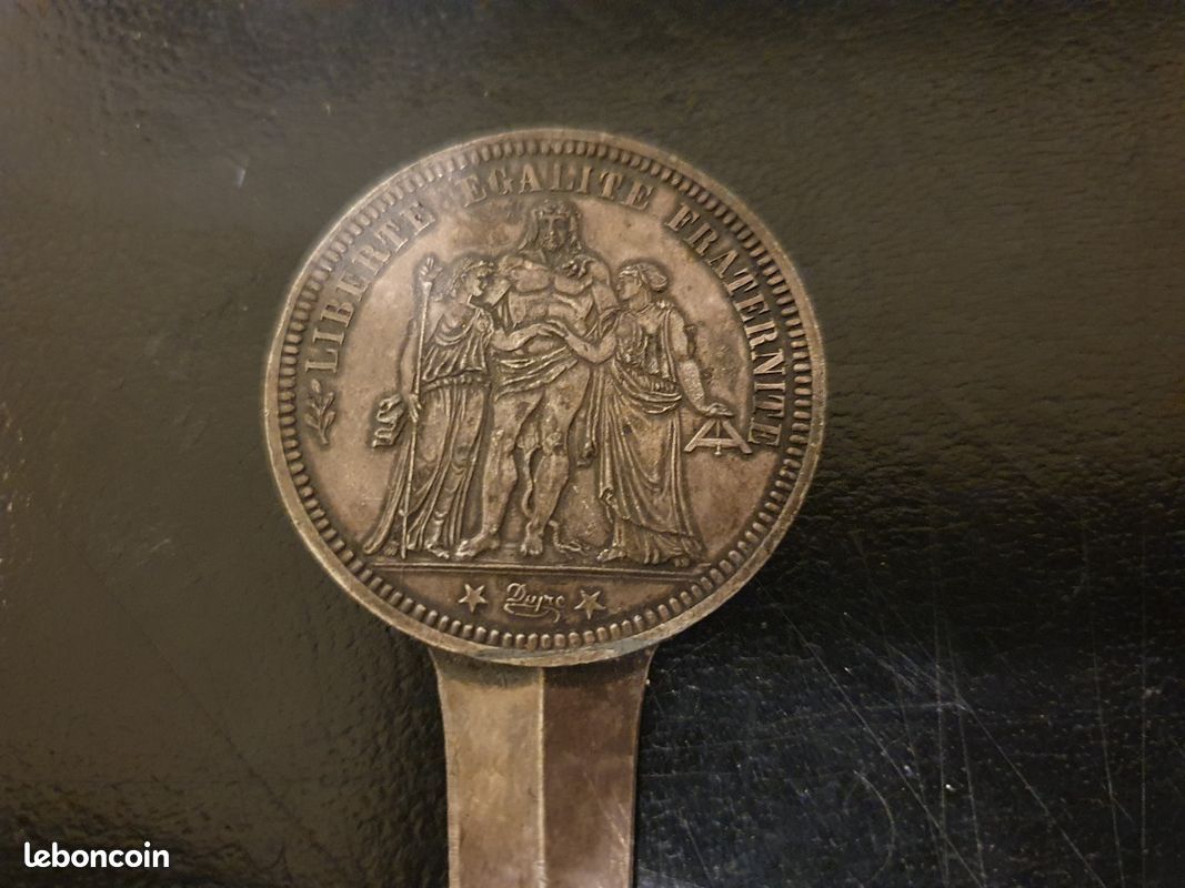 Ancien Coupe-Papier Pièce de Monnaie 5 Francs HERCULE Argent 1873 Bureau Vintage (image 4)