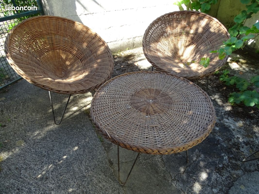 Salon de jardin Vintage en osier/rotin - Ensemble 5 pièces (image 1)