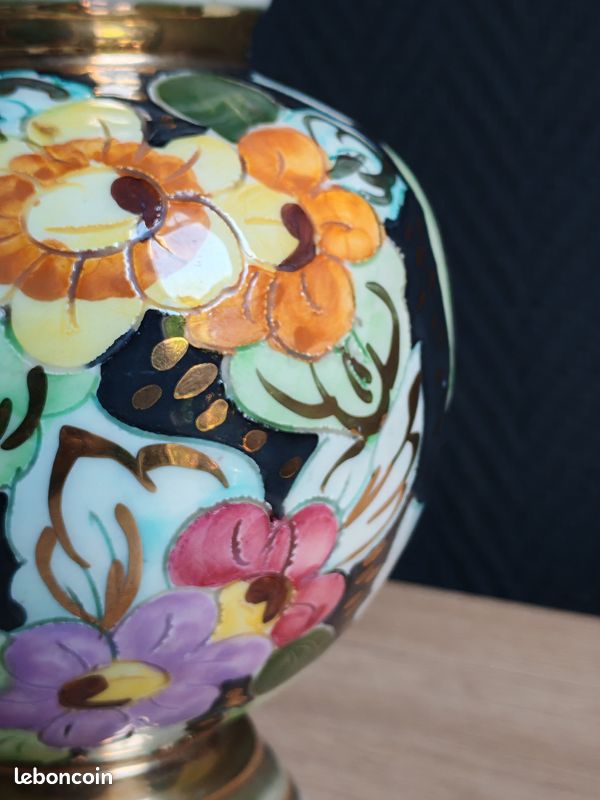 Vase Vintage Céramique Arte Veneziana, Décor Fleurs Peint Main et Dorure Or, Poterie Italienne Ancienne, Déco Shabby Chic Bohème (image 12)