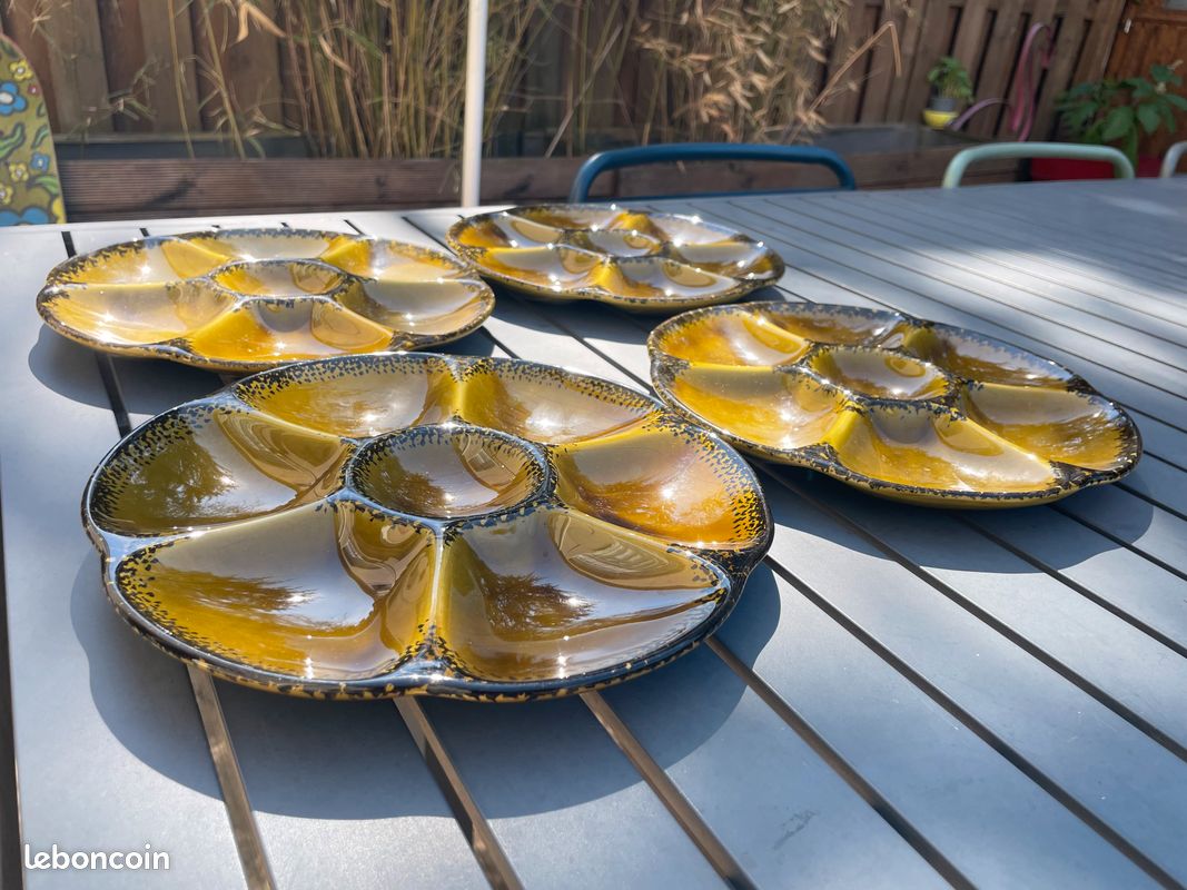 4 ASSIETTES à HUÎTRES Vintage Faïence émaillée GIEN France Années 60 – 70 (image 8)