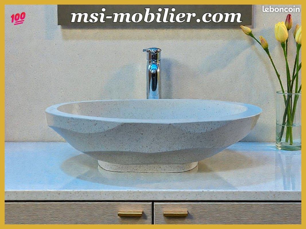 ❤️ Vasque à poser facettée en pierre terrazzo couleur beige design moderne pour salle de bain (image 1)
