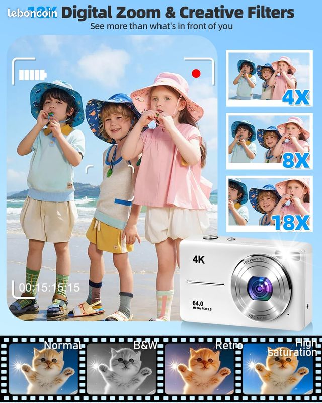 Appareil Photo Numérique, 4K​​ Autofocus 50MP Appareil Photo Enfant, Zoom 16X, Flash, Anti-Shake, ​​Appareils Photo Numériques Compact​​ Portable Petit Prêt à Shooter pour Enfants Adultes ​​Débutants