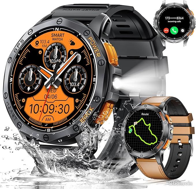 Montre Connectée Sunkta EF5-BW Homme - 1,43″ AMOLED, Lampe LED, Android/iOS
