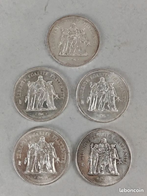Alençon Uniqt : 5 pièces de 50 francs Hercule en argent 900° (1976, 1979, 1978). Poids : 149 gr (image 2)