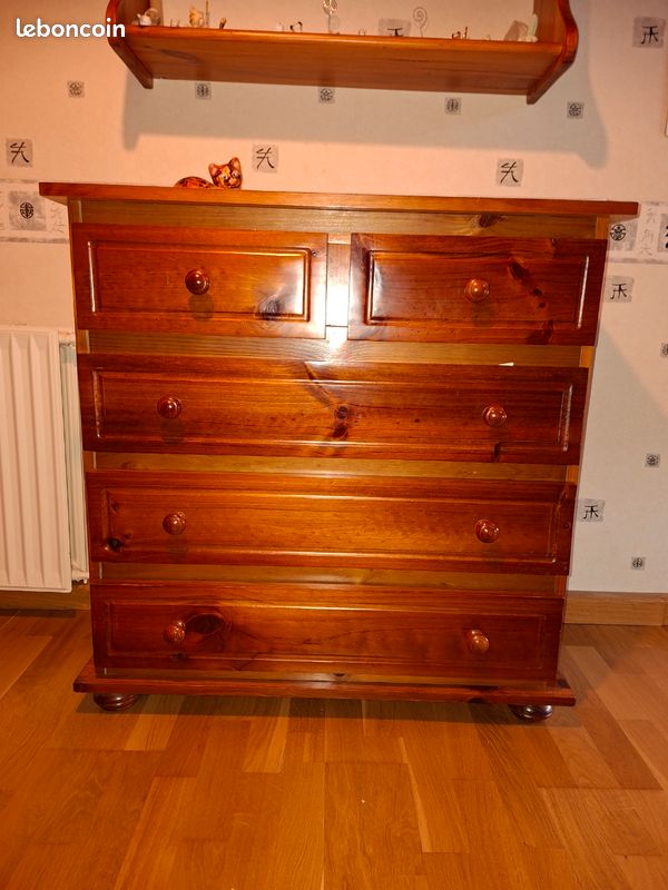 Lit Une Place 90x190 Cm Et Commode En Pin Massif, Bois Vernis, Style Traditionnel