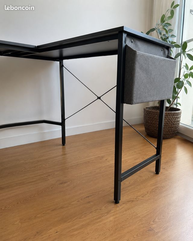 Bureau d’angle en L noir 120 × 120 cm avec rangement et support écran (image 3)