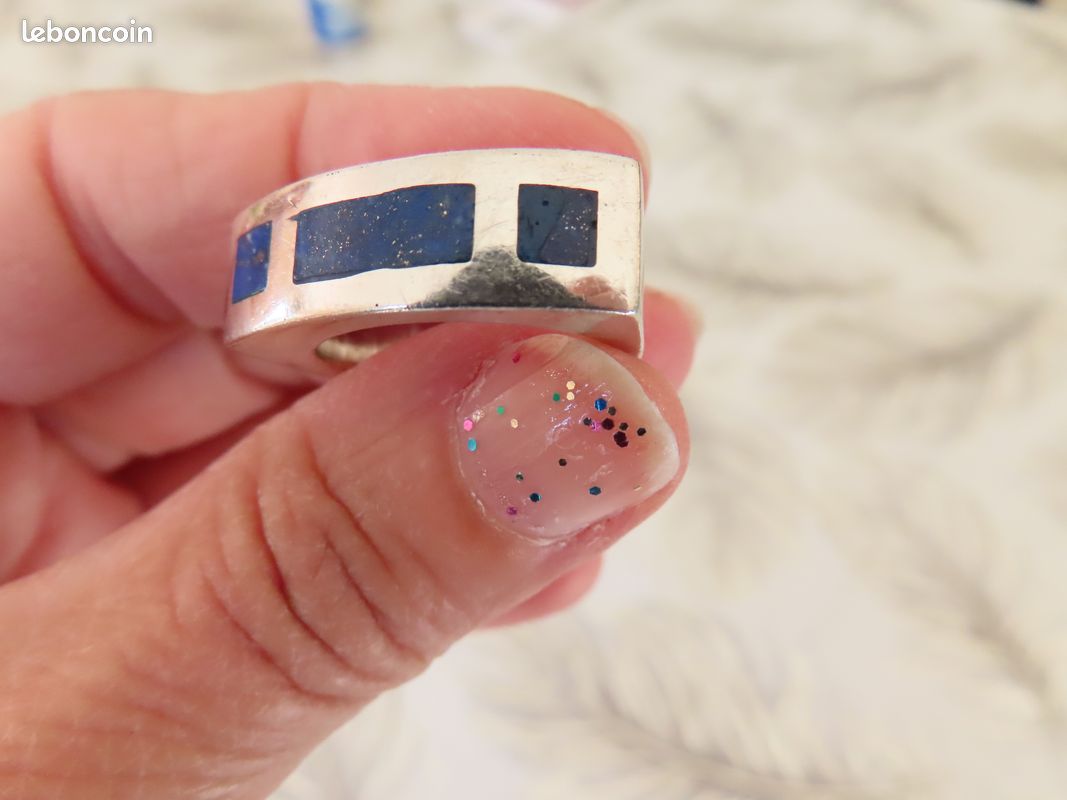 Bague Moderniste En Argent Sterling Sertie De Lapis-lazuli Bleu - Taille 53, Bijou D'artiste Occasion