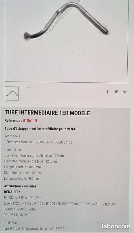 Tube echappement intermediaire renault 4 r4 4l f4 (image 3)